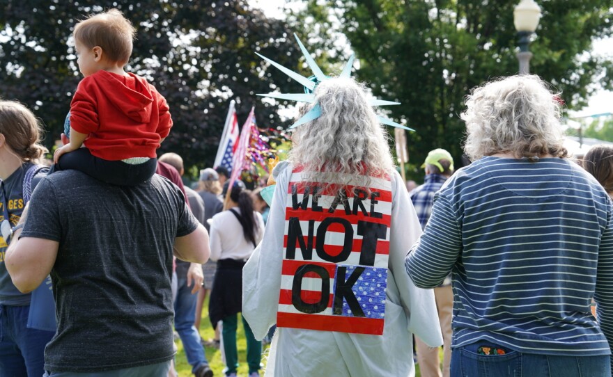 Hundreds of people turned out to a "No Kings" rally on Saturday, June 14, 2025, at Twelve Corners in Brighton. Crowds lined the streets, extending for blocks on Elmwood and Monroe Avenues, as well as up and down Winton Road.