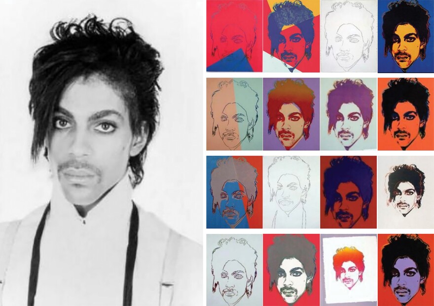 A portrait of Prince taken by Lynn Goldsmith (left) in 1981 and 16 silk-screened images Andy Warhol later created using the photo as a reference. A federal district court judge found that Warhol's series is "transformative" because it conveys a different message from the original, and thus is fair use. A Second Circuit Court of Appeals panel disagreed.