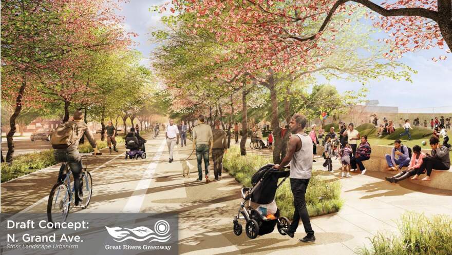 This draft concept image depicts a vision for a greenway segment along North Grand.