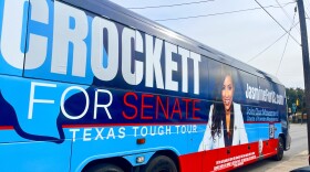 Jasmine Crockett's campaign bus parked outside at Tony G's Soul Food Restaurant