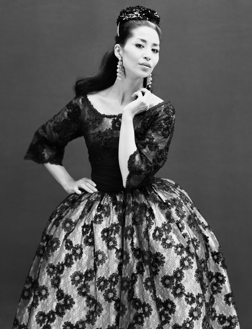 Model China Machado in a dress by Jacques Griffe, Paris, in August 1959.