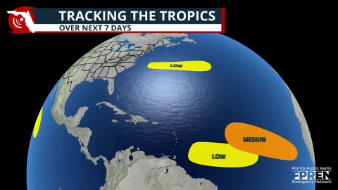 Tropical outlook showing the chance of development across the Atlantic basin for August 10, 2026.