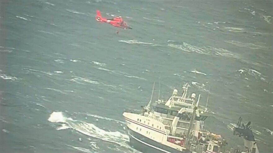 A Coast Guard MH-65 Dolphin helicopter crew deployed aboard Coast Guard Cutter Alex Haley hoisted the injured man from the 262-foot fish processor America’s Finest at 12:52 p.m. Thursday.