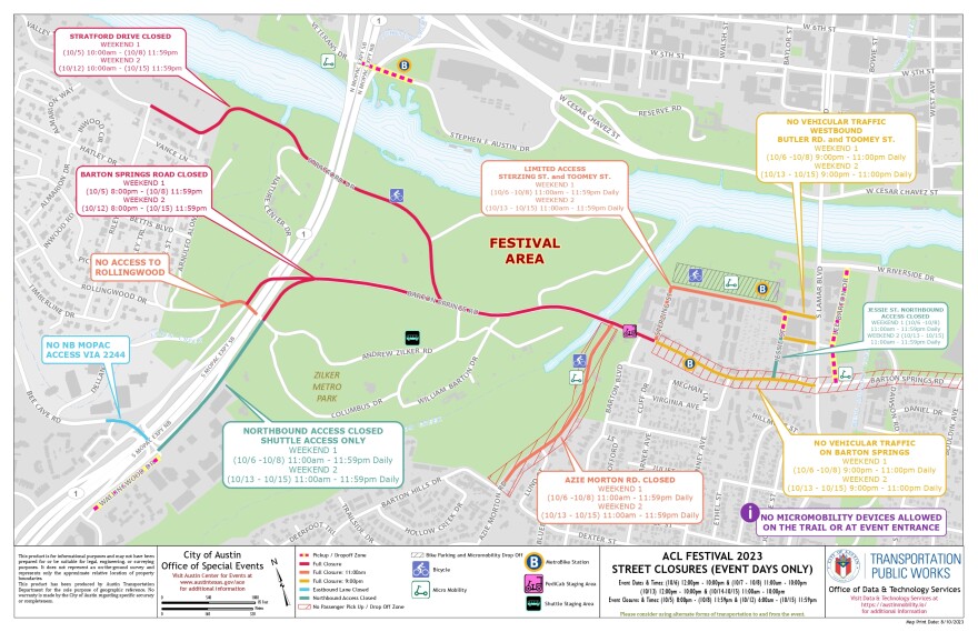 A city map shows all the street closures in the areas around Zilker Park.