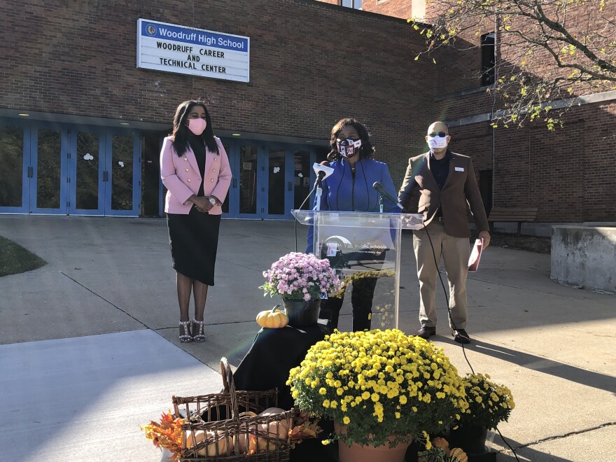 District 150 Superintendent Sharon Desmoulin-Kherat discusses a $670,000 grant to Peoria Public Schools for youth employment programs during a Tuesday news conference at the Woodford Career and Technical Center.  