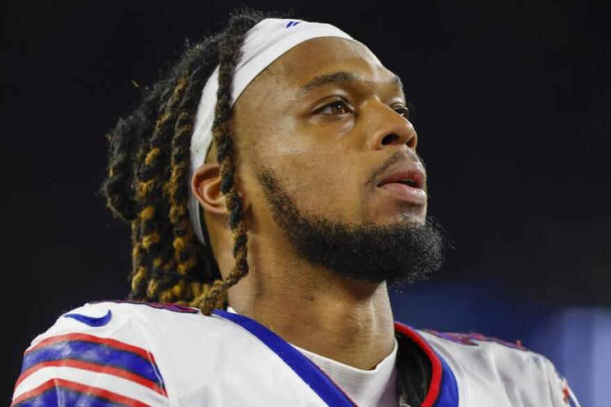 Buffalo Bills safety Damar Hamlin on the sideline Dec. 1. Hamlin collapsed during a game against the Cincinnati Bengals Jan. 2, and receiving CPR on the field.