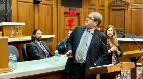 Attorney Bill Groth, center, discusses his election security presentation as Butler Professor Greg Shufeldt, left, looks on.