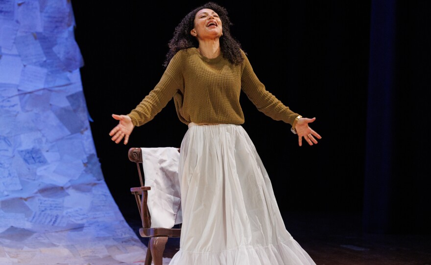 Sabrina Sloan stars as Sally Hemings during an open rehearsal of "Sally: A Solo Play," at the Wharton Center in East Lansing, Mich., on Feb. 10, 2026. The show is making its world premiere on Feb. 19, 2026.
