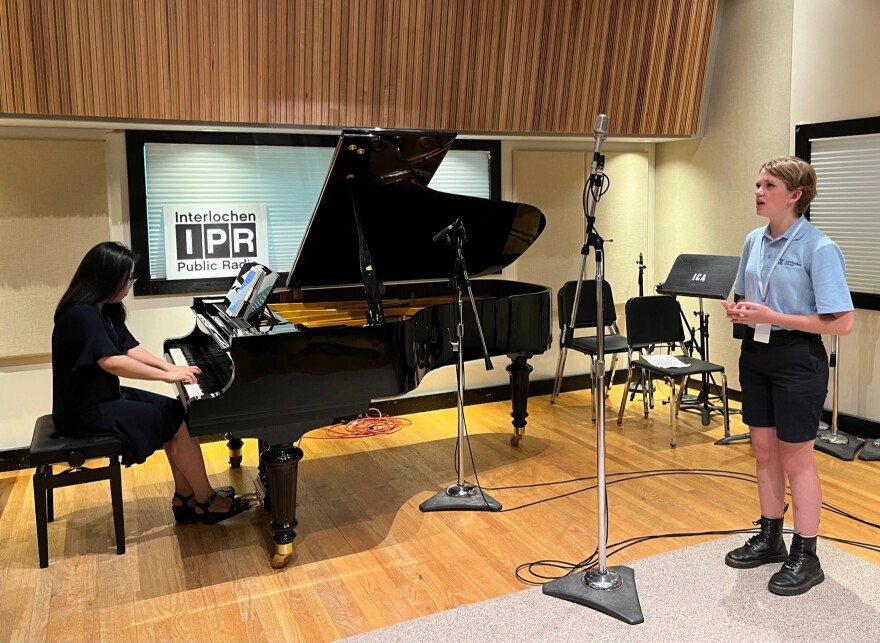 Soprano Sam Workman records in IPR's Studio A with pianist Dasom Kim