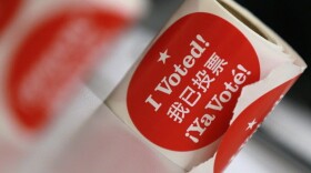 Voter stickers at a polling station Tuesday in San Francisco.
