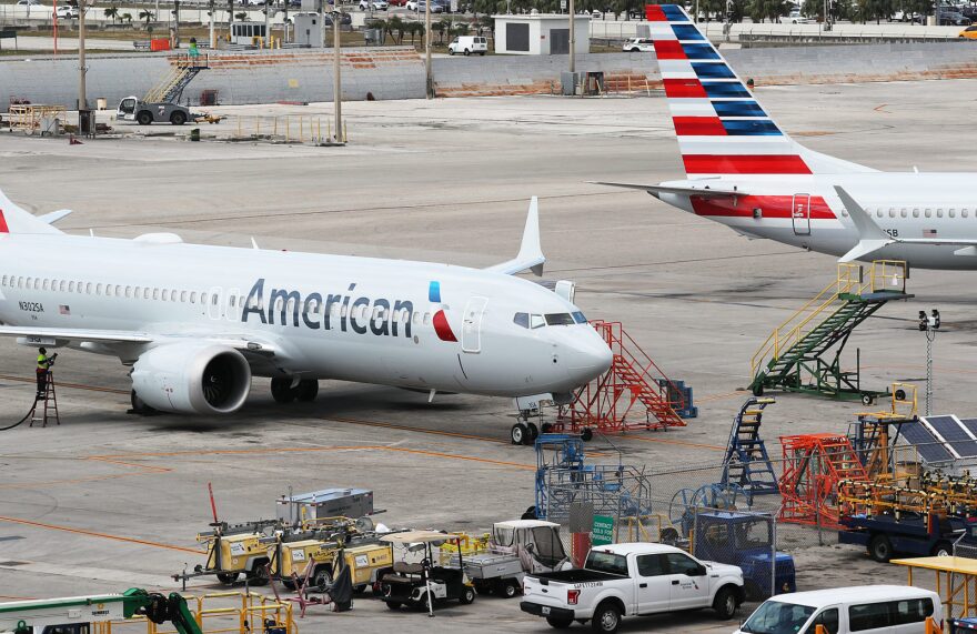 Two grounded American Airlines Boeing 737 Max 8 are seen parked in Miami, Florida.