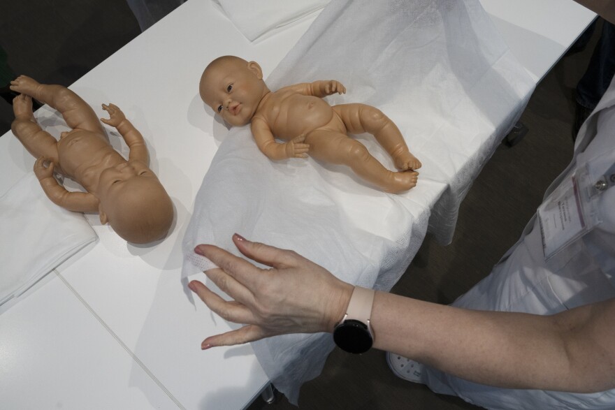 Plastic babies are used to demonstrate parenting techniques at a class for new parents in Kyiv.