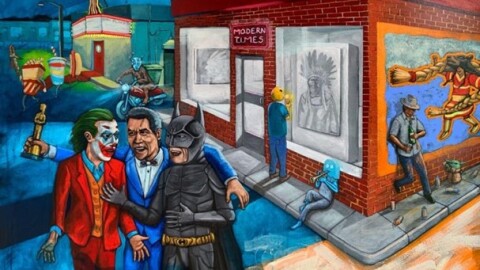 Colorful painting of Batman, the Joker, and others gathered outside near a street corner