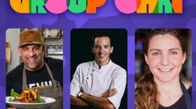 blue background with white text "Today on Group Chat" with images of three chefs: Stephen Foreman, Camille Le Caër and Zina Lapi