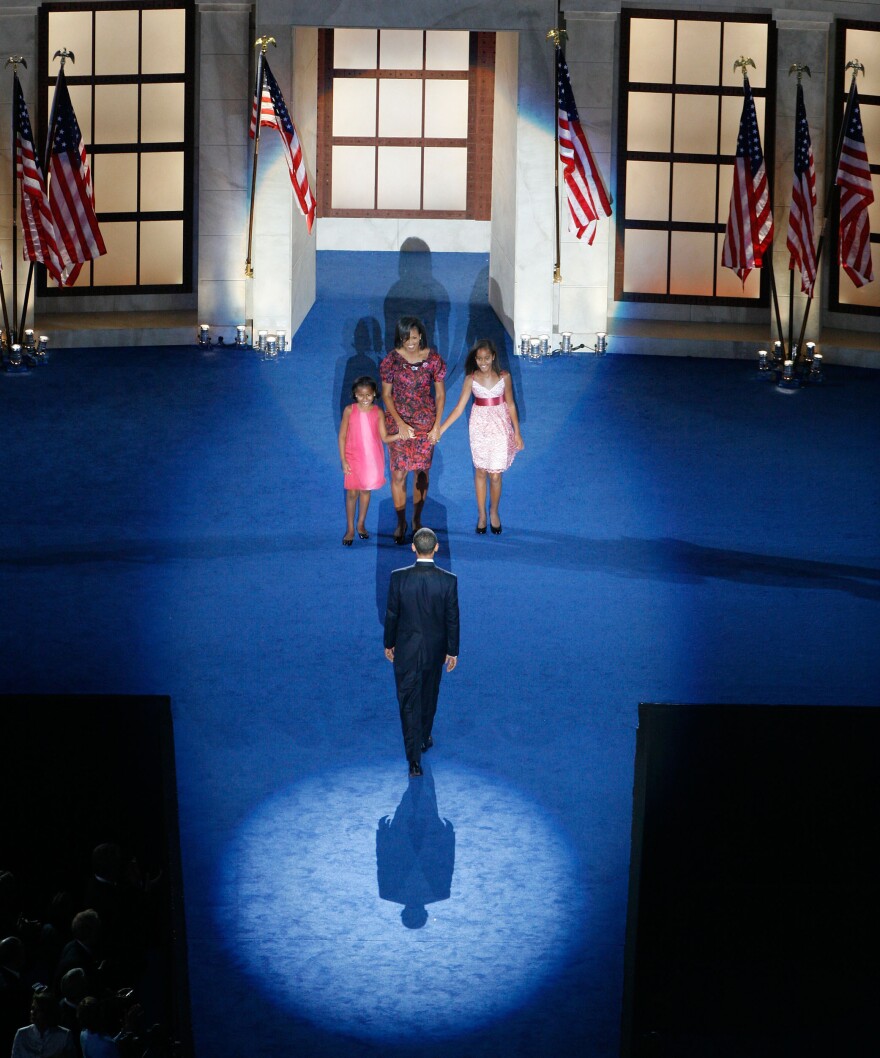 Then-nominee Barack Obama's speech at the 2008 Democratic National Convention, at Invesco Field at Mile High in Denver, Colo., was carefully staged against a backdrop of classical pillars.