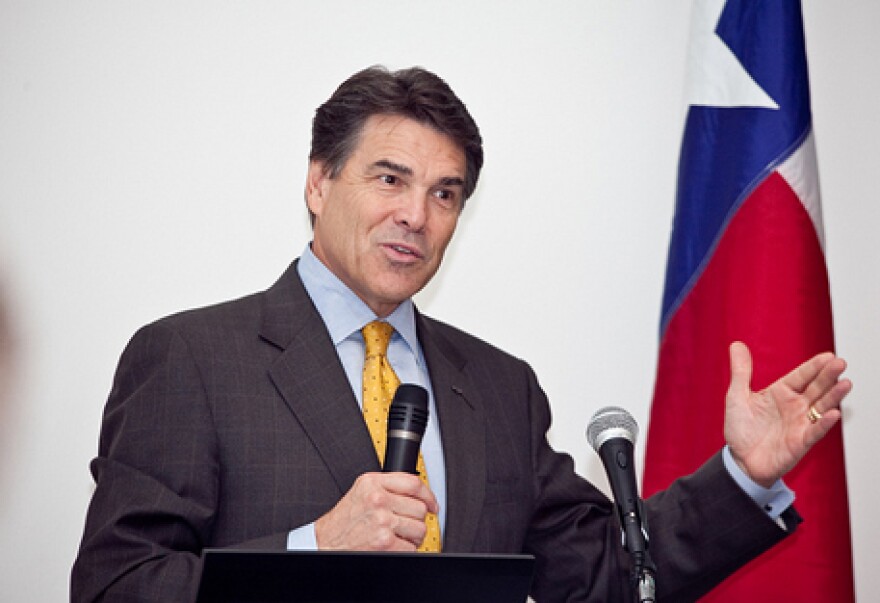 Governor Perry, shown here in Houston, jumped back on his platform to limit state spending.