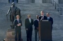 University of South Carolina Darla Moore School of Business research economist Joseph Von Nessen speaks outside the Statehouse in Columbia with Goodwill organizations.