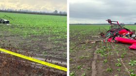First image: A fallen helicopter near McMinnville, Ore., on Oct. 29, 2026. Second image: Three people were killed following a midair collision between two helicopters Thursday afternoon.