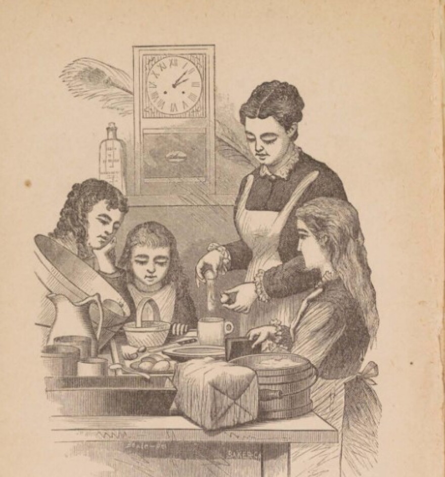 Artistic sketch of a woman teaching three girls how to cook.