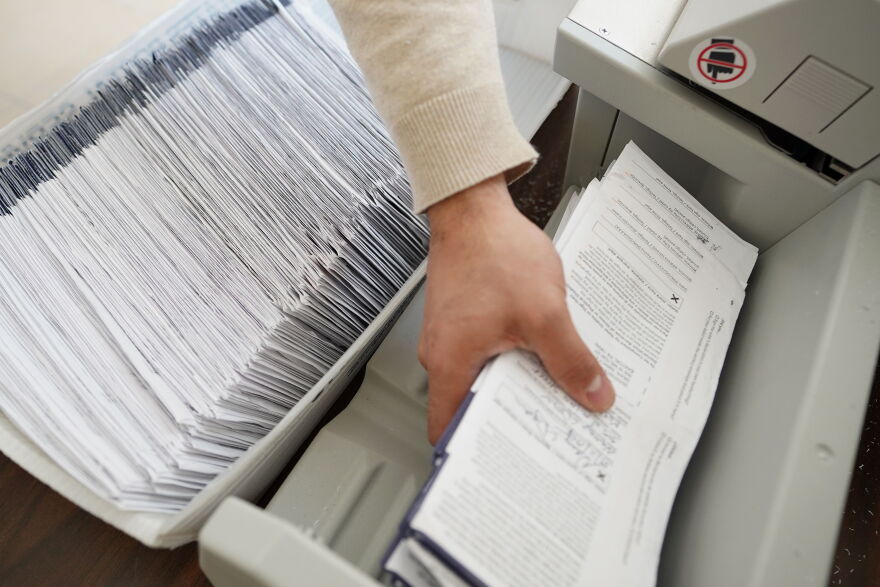  Mail-in ballots are sorted and counted by workers on Election Day on Nov. 3, 2020, at Northampton County Courthouse in Easton, Northampton County, Pennsylvania.