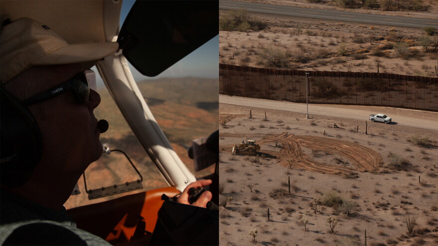 Left: Pilot Mark Hermeling steers over Organ Pipe National Monument. Right: A bulldozer drives along the border fence west of Quitobaquito Springs. Aerial support provided by Lighthawk. 