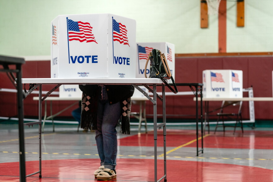 A voter stands in a voting booth in Minnesota.