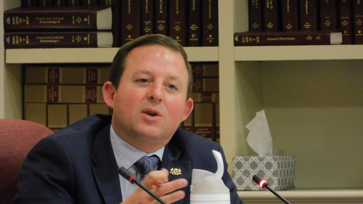 Senate President Bill Ferguson questions utility companies over the rising implementation and price of transmission projects during an energy oversight hearing in the Miller Senate Building in Annapolis, Md.