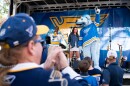 St. Louis Blues’ hockey fans celebrated the start to a new season with live music and drinks at Union Station as the team's mascot walks on stage ahead of the team’s first game against the Minnesota Wild on Thursday, Oct. 9, 2025.