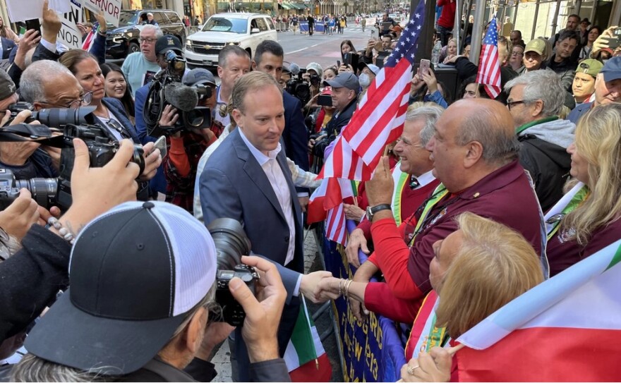 Lee Zeldin, the Republican candidate for New York governor, greets voters at the Columbus Day parade in New York City on Monday, Oct. 10, 2022.