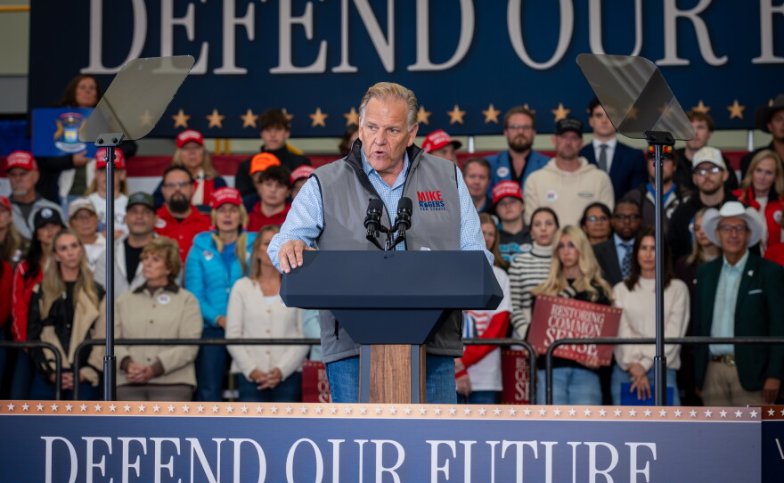 U.S. Senate candidate Mike Rogers appears at a Republican rally in Howell on October 27, 2026.