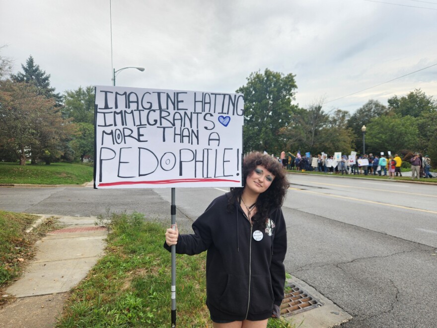 K Miller attends the No Kings Rally in Springfield, Mo. on October 18, 2025.