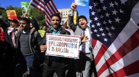 Muslim and civil rights groups and their supporters gather at a rally against what they call a "Muslim ban" in Washington in October.