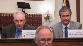 Rep. Jeff Thompson (R-Lizton), left, and Sen. Ryan Mishler (R-Mishawaka), right, listen to presentations during a State Budget Committee meeting on April 16, 2025.