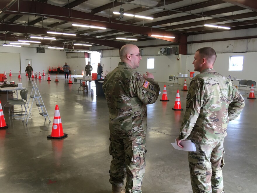 Illinois National Guard soldiers prepare the Interstate Center for a mobile COVID-19 testing clinic.