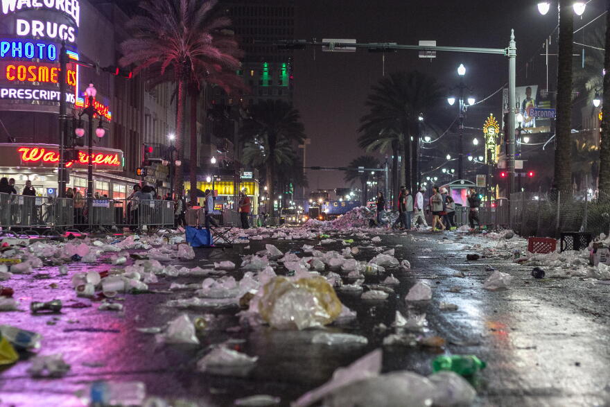 Trash on Canal Street after Mardi Gras.