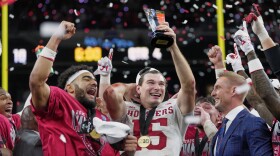 Indiana's Fernando Mendoza celebrates after the Big Ten Championship college football game against Ohio State in Indianapolis Saturday night.
