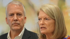 Sen. Lisa Murkowski, R-Alaska, speaks as Sen. Dan Sullivan, R-Alaska, listens at the conclusion of a May 5, 2026, roundtable on Missing and Murdered Indigenous People held at the Cook Inlet Tribal Council office in Anchorage.
