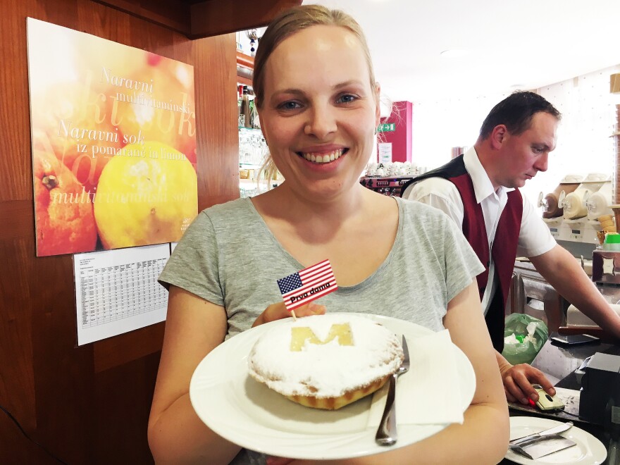 Maja Kozole Popadic, whose family runs the Kruhek bakery in Sevnica, makes an American-style apple pie that uses a local variety of Slovenian apples. Officially called First Lady Apple Pie, it's decorated with an M. "Some people buy it because it can also mean Mom," Popadic says.