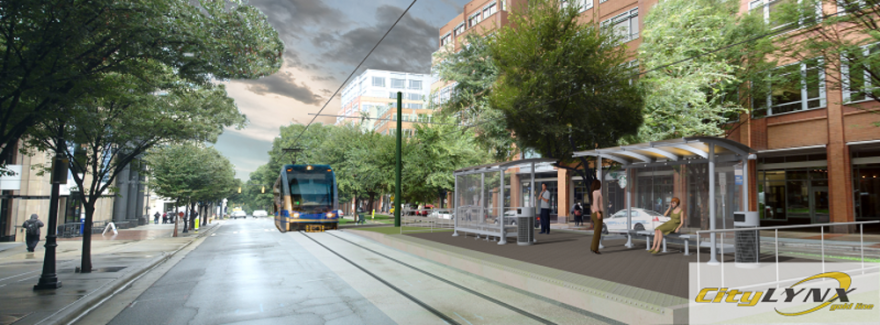 An artist's rendering shows the Lynx Gold Line Johnson & Wales stop on West Trade Street. 