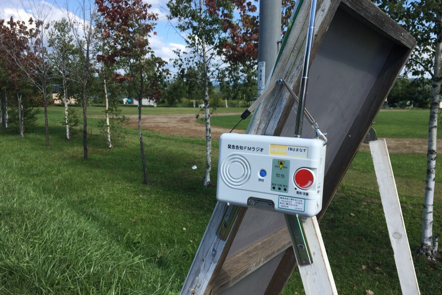 A radio hangs outside Maple Tree Elementary School in Iwamizawa, Hokkaido, Japan, so it can be used in a missile evacuation drill.