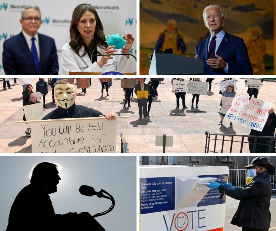 Then-Director of ODH Amy Acton talks masks on Feb. 27, as Gov. Mike DeWine looks on; Joe Biden in Cincinnati in Oct.; protesters at the Ohio Statehouse in April; Pres. Trump in Dayton in Sept.; an Ohio voter submits her absentee ballot.