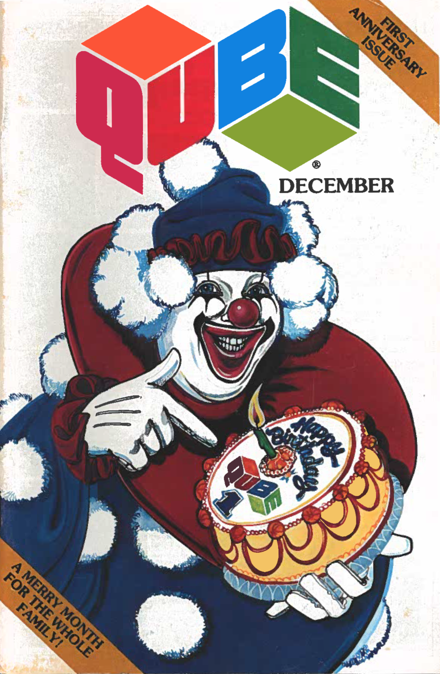 QUBE program guide with Flippo the Clown on the cover.