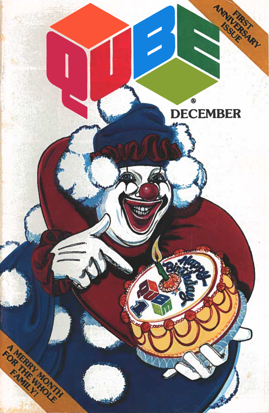  QUBE program guide with Flippo the Clown on the cover.