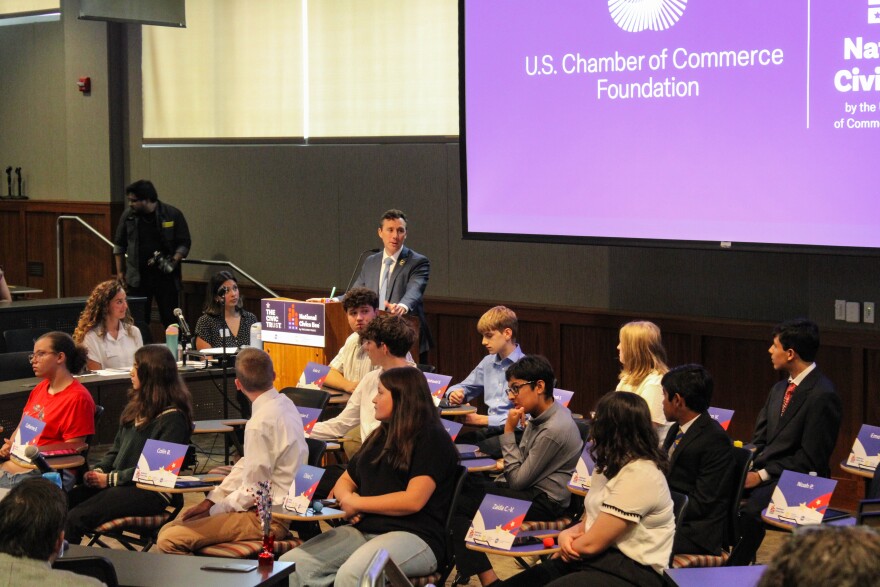 Kansas Commissioner of Education Jake Steel addresses the 2026 competitors at the state championships for the National Civics Bee.