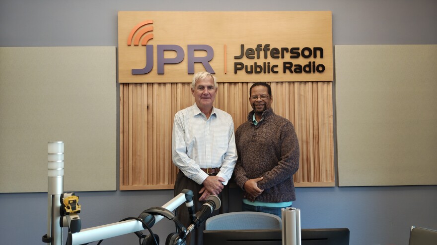 Tim Busald, Business Advisor at the Oregon Small Business Development Center on the campus of Rogue Community College in Grants Pass and Jefferson Exchange host Mike Green in the JPR studio on July 16, 2025.