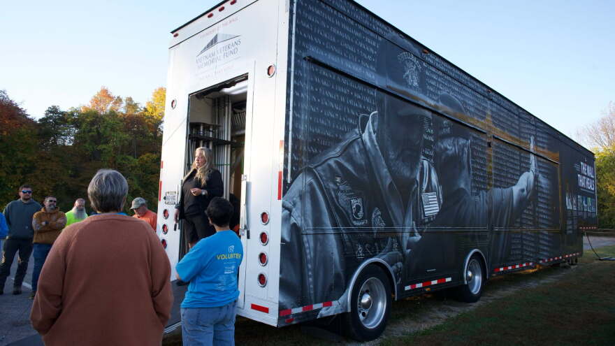 A trailer carrying the Wall That Heals arrives at the University of Southern Indiana, Oct. 28, 2026