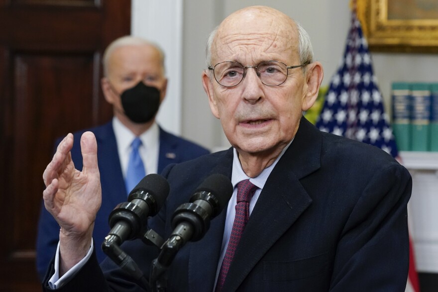 President Joe Biden listens as Supreme Court Associate Justice Stephen Breyer announces his retirement in the Roosevelt Room of the White House in Washington, Thursday, Jan. 27, 2022.