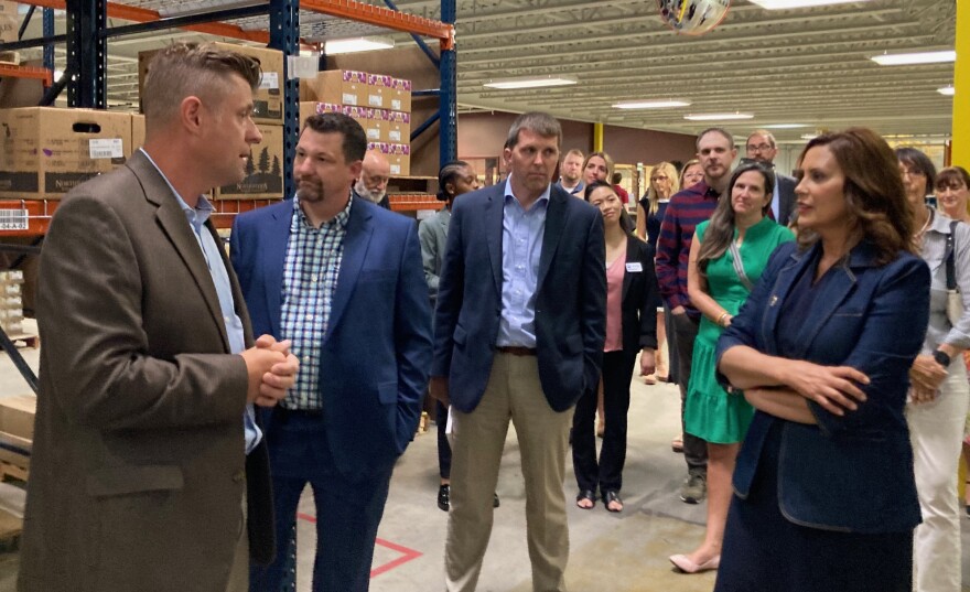 Gov. Gretchen Whitmer tours Cherry Capital Foods in Traverse City on Wednesday, Aug. 2, 2023. She was there to promote state funding that expands free school lunches to all students. (Photo: Ellie Katz/IPR News)