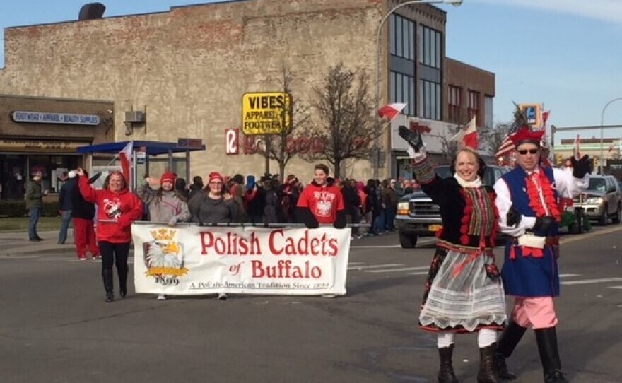 A group of Polish Cadets march along Broadway in 2018's Dyngus Day parade.