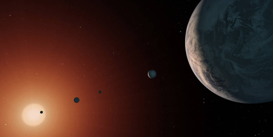 This illustration shows what the TRAPPIST-1 system might look like from a vantage point near planet TRAPPIST-1f (at right).Credit:  NASA/JPL-Caltech